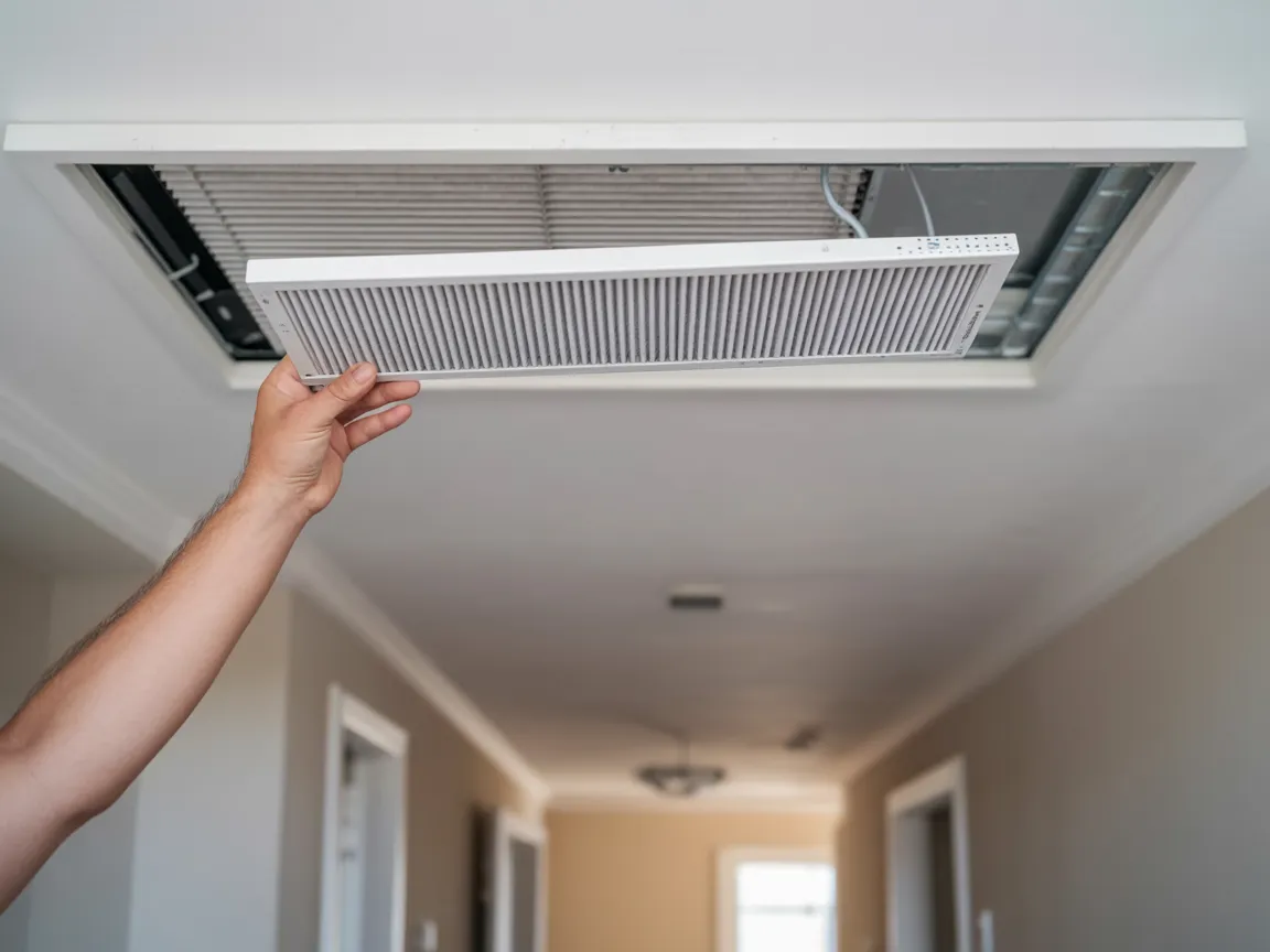 A hand lowering a clean pleated air filter out of an open ceiling return vent in a home hallway