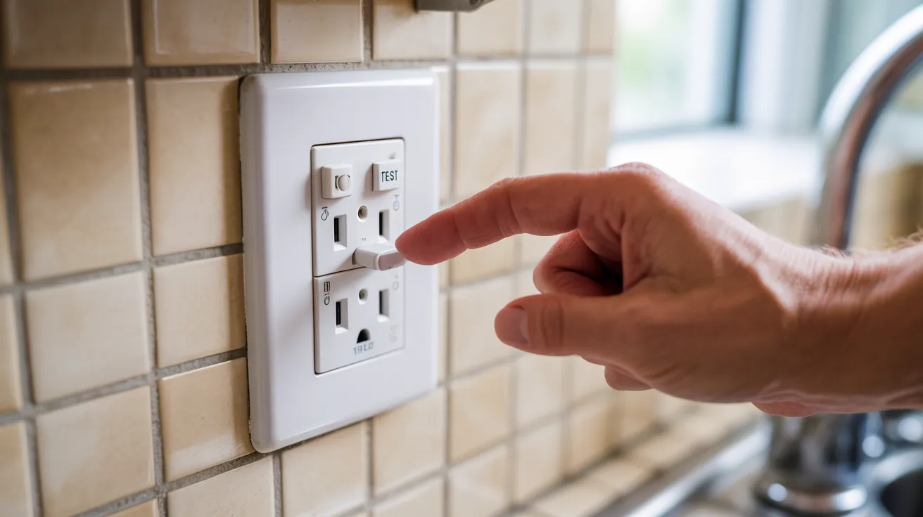 Close-up of a white GFCI outlet with test and reset buttons on a tiled kitchen backsplash, a hand reaching in to press the test button
