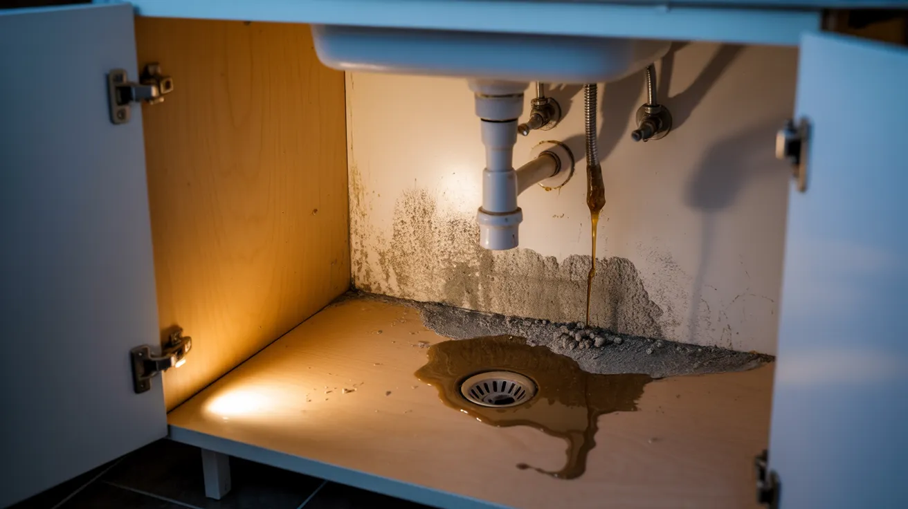 Looking into a cabinet under a bathroom sink where a slow drip has stained the base dark and grey mould has spread across the damp corner