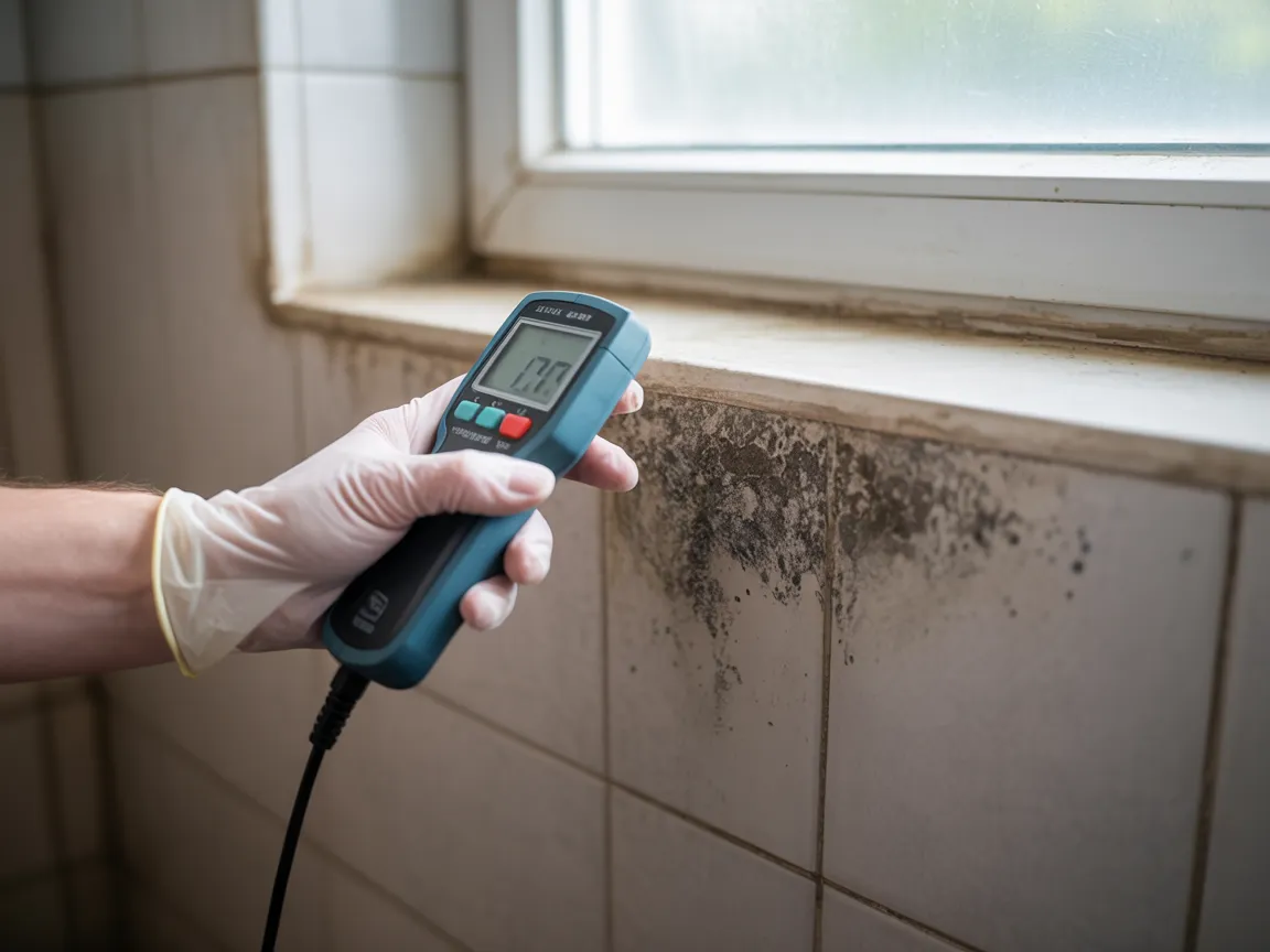 A gloved hand holding a digital moisture meter against a tiled wall below a window, with dark mould staining spreading across the grout