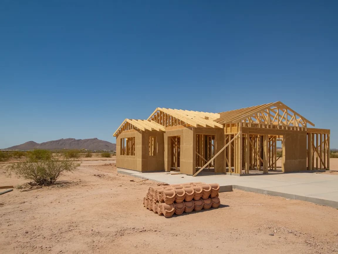 A new home under construction on a bare desert lot, roof trusses and stud framing exposed, with a stack of terracotta barrel roof tiles waiting on the ground