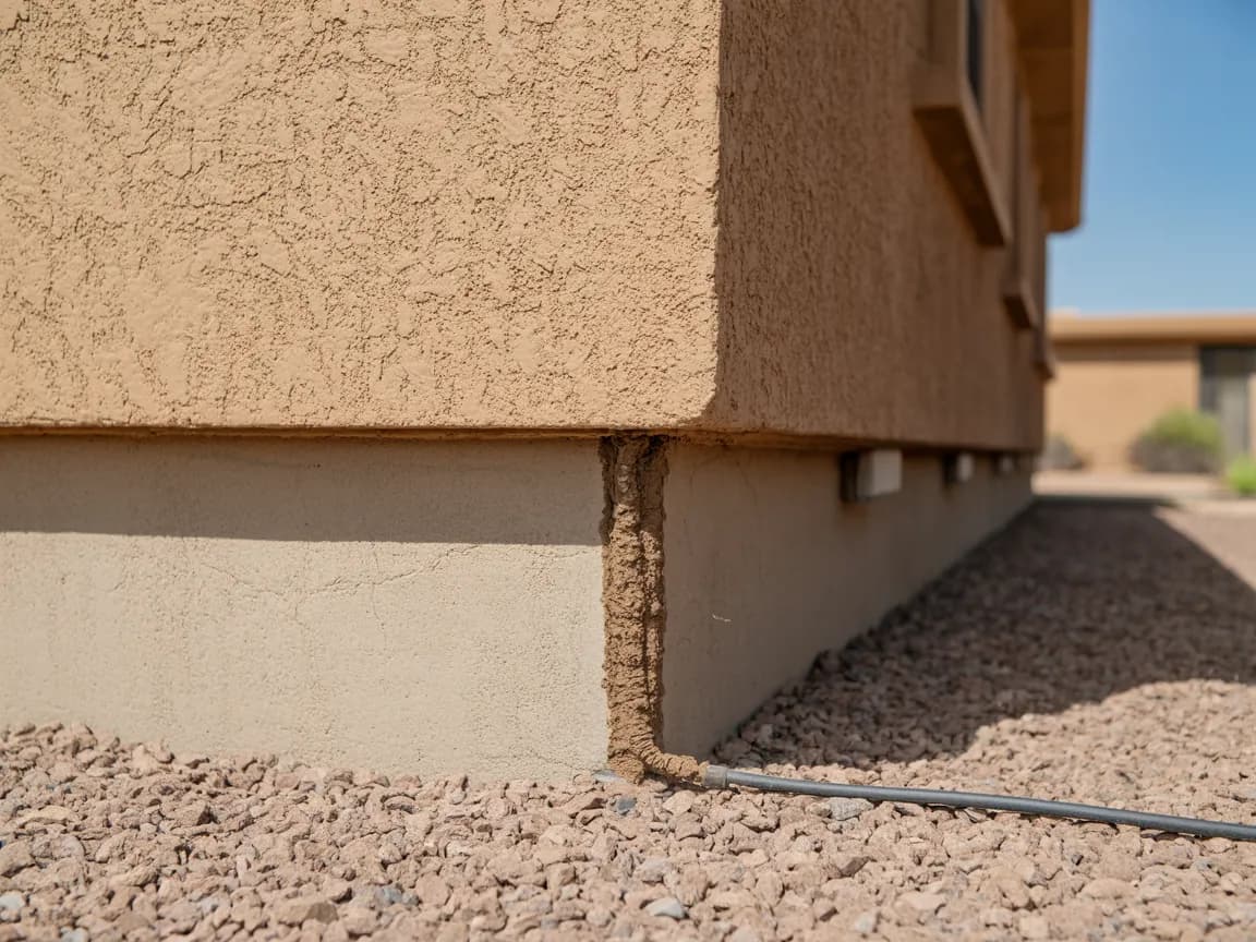 A subterranean termite mud tube running up the foundation at the base of a tan stucco wall, with desert gravel landscaping and a drip irrigation line alongside